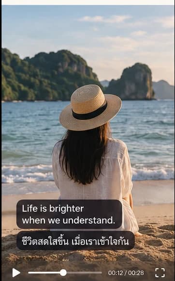 A finished Saykin video: the English line 'Life is brighter when we understand.' with its Thai translation underneath, burnt into the picture.